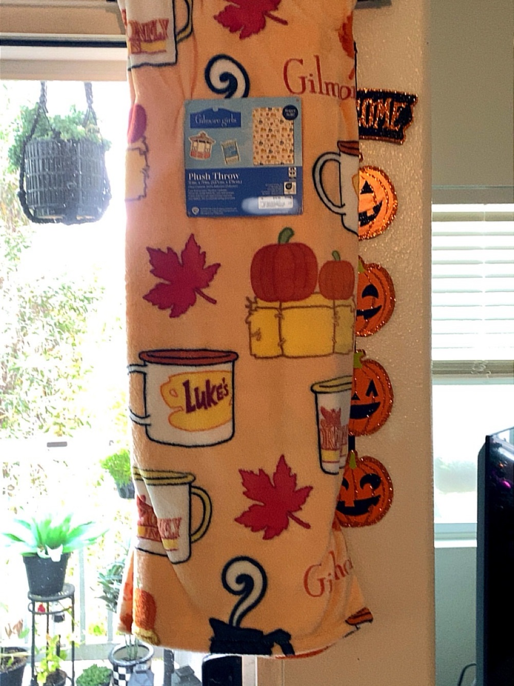 Gilmore Girls Plush Throw Blanket - Peach with Fall Mug & Pumpkin Prints
